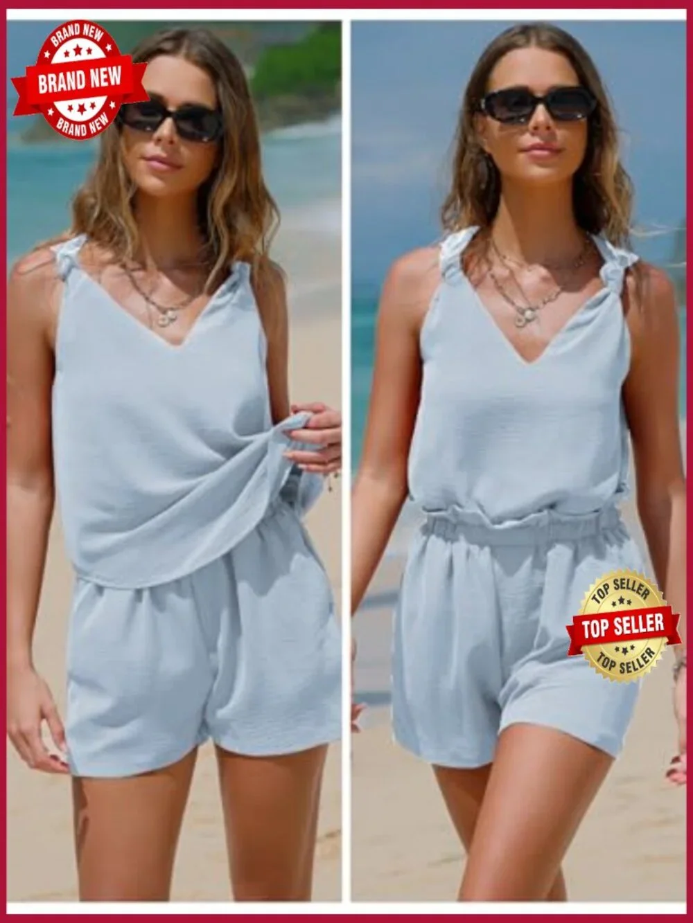 2 Piece Shorts Set Sleeveless V Neck Knotted Tank Top with Pockets Matching